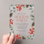 Elegante Holly Berries en Pinecones Vakantie Party Acryl Uitnodigingen (Insitu (Draagbaar))