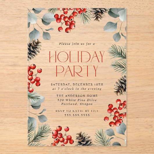 Elegante Holly Berries en Pinecones Vakantie Party Acryl Uitnodigingen (Voorkant)