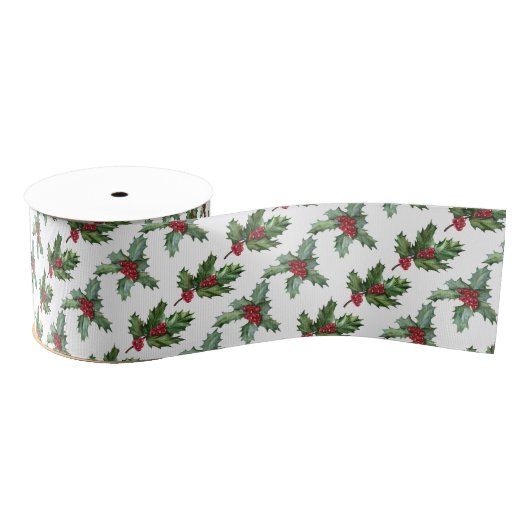 Elegante Holly Berries Patroon Kerstvakantie Grosgrain Lint (Spoel)