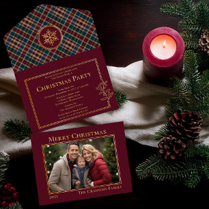 Elegante Holly Berries Plaid Foto Kerstfeest All In One Uitnodiging