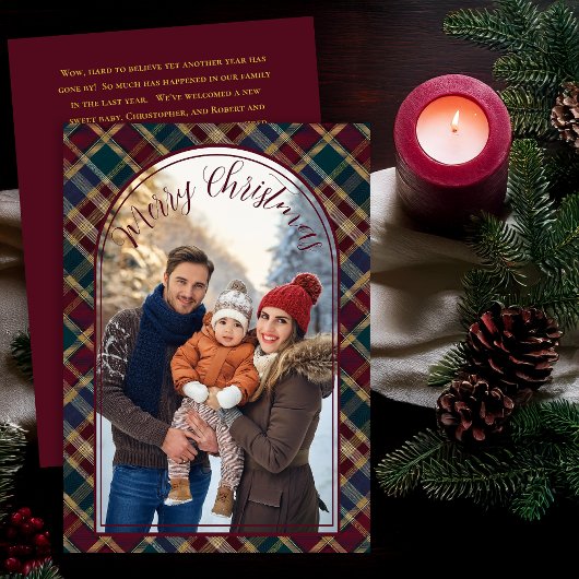 Elegante Holly Berries Plaid Kerstmis Fotobrief Feestdagenkaart
