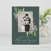 Elegante Holly Berry bruiloft foto groen Feestdagenkaart (Staand voorkant)