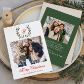 Elegante Holly Berry Krans Monogram Foto Feestdagenkaart