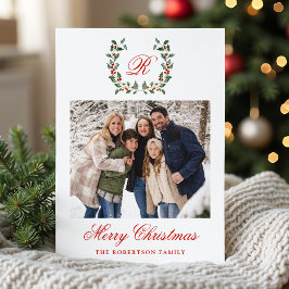 Elegante Holly Berry Krans Monogram Foto Feestdagenkaart