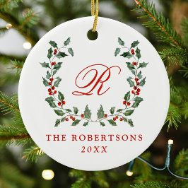 Elegante Holly Berry Krans Monogram Foto Keramisch Ornament