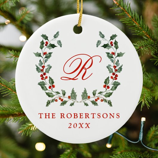 Elegante Holly Berry Krans Monogram Foto Keramisch Ornament