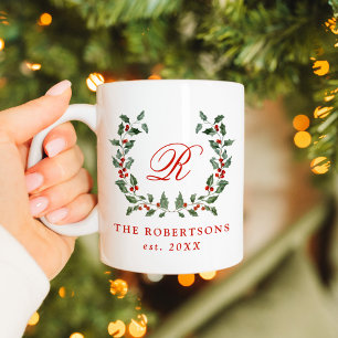 Elegante Holly Berry Krans Monogram Gepersonalisee Koffiemok