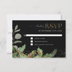 Elegante Holly Berry op Pine Black en Gold Wedding RSVP Kaartje