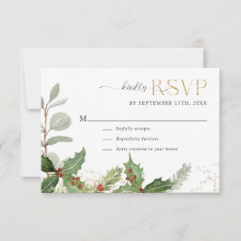 Elegante Holly Berry op Pine Gold Stars Wedding RSVP Kaartje