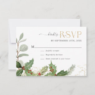 Elegante Holly Berry op Pine Gold Stars Wedding RSVP Kaartje