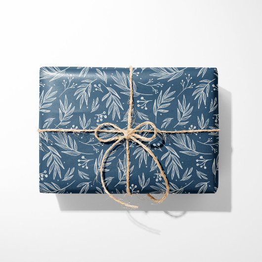 Elegante Holly & Berry Stems Blauw Cadeaupapier