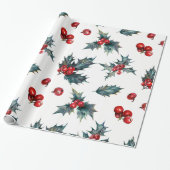 Elegante Holly Berry Vakantie Kerstmis Rustiek Cadeaupapier (Uitgerold)