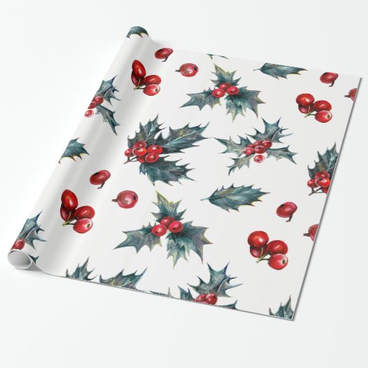 Elegante Holly Berry Vakantie Kerstmis Rustiek Cadeaupapier (Uitgerold)