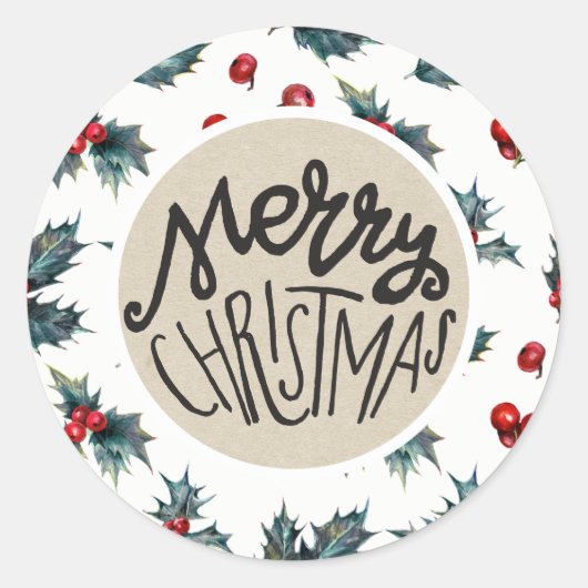 Elegante Holly Berry Vakantie Kerstmis Rustieke gu Ronde Sticker (Voorkant)