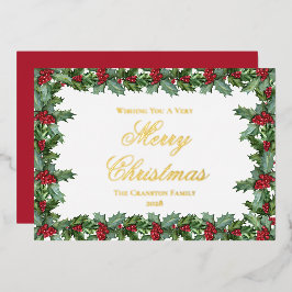 Elegante Holly en Berries Lijst Kerst Folie Feestdagenkaart