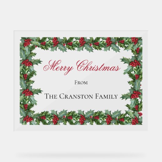 Elegante Holly en Berries Lijst Kerstgroet Acryl Bord (Voorkant)