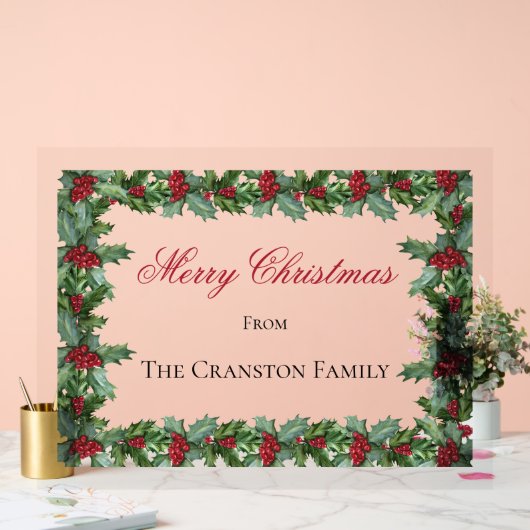 Elegante Holly en Berries Lijst Kerstgroet Acryl Bord (Huwelijk)