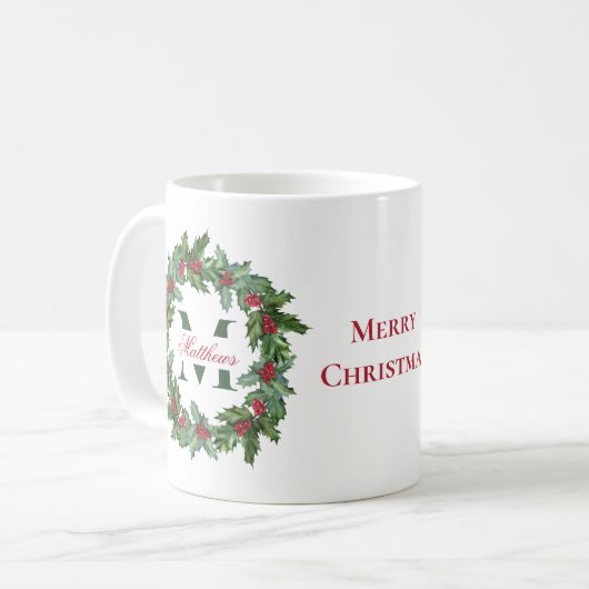 Elegante Holly en bessen krans Vrolijk Kerstfeest Koffiemok (Voorkant links)