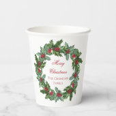 Elegante Holly en bessen krans Vrolijk Kerstfeest Papieren Bekers (Achterkant)