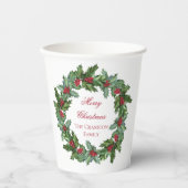 Elegante Holly en bessen krans Vrolijk Kerstfeest Papieren Bekers (Voorkant)