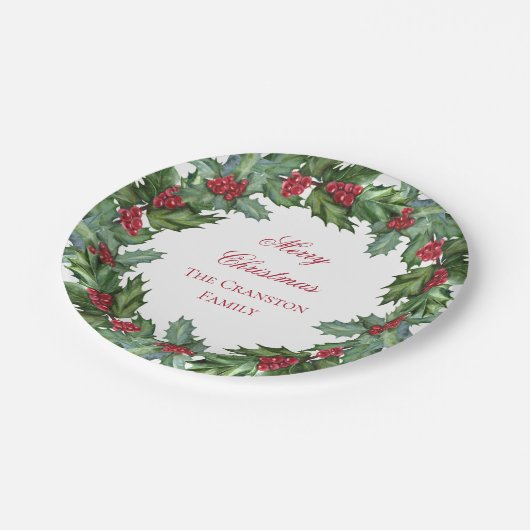 Elegante Holly en bessen krans Vrolijk Kerstfeest Papieren Bordje (Gekanteld)