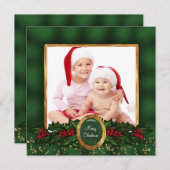 Elegante Holly Green Gold Foto Kerst Kaarten (Voorkant / Achterkant)