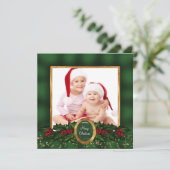 Elegante Holly Green Gold Foto Kerst Kaarten (Staand voorkant)