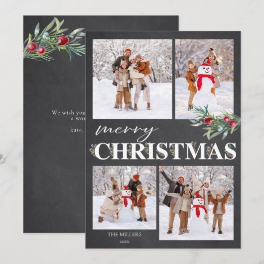 Elegante Holly Merry kerstvakantie fotokaart Feestdagenkaart (Voorkant / Achterkant)