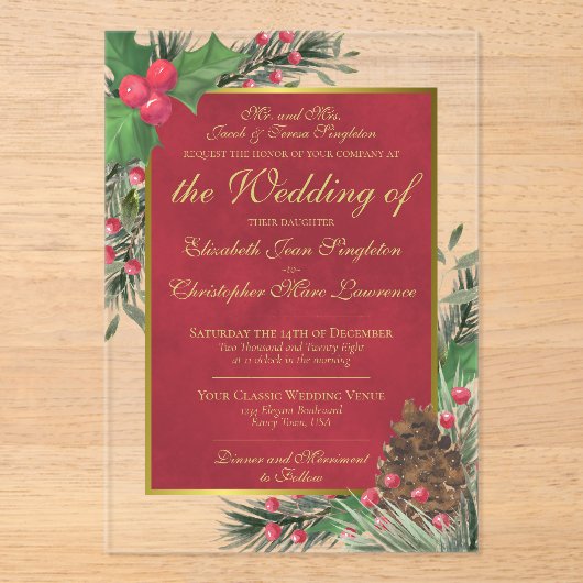 Elegante Holly & Pine Kerstmis of Vakantie Bruilof Acryl Uitnodigingen (Voorkant)