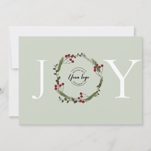 Elegante Holly Pine Wreath Joy Business logo Custo Feestdagenkaart (Voorkant)