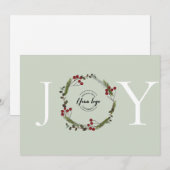Elegante Holly Pine Wreath Joy Business logo Custo Feestdagenkaart (Voorkant / Achterkant)