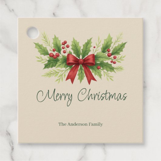Elegante Holly & Red Bow Kerstmis - Bedankjes Labels (Voorkant)