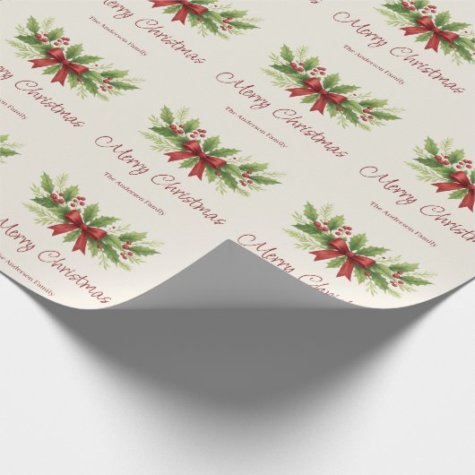 Elegante Holly & Red Bow Kerstmis - Cadeaupapier (Hoek)