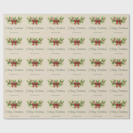 Elegante Holly & Red Bow Kerstmis - Cadeaupapier (Vlak)