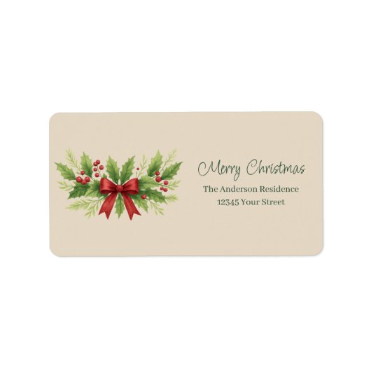 Elegante Holly & Red Bow Kerstmis - Etiket (Voorkant)