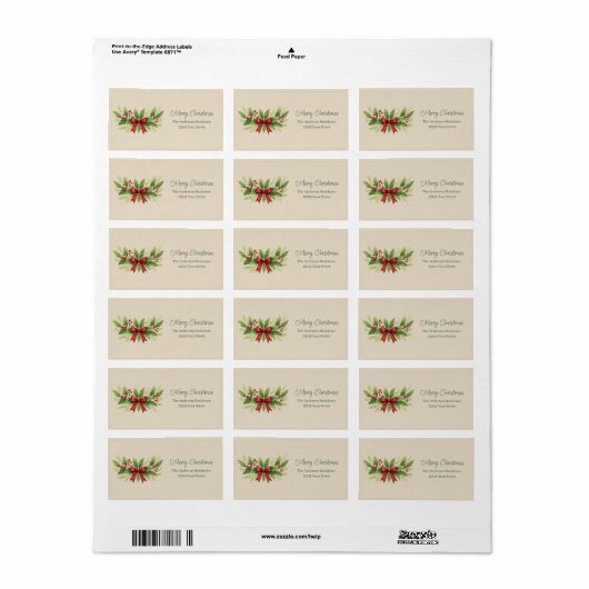 Elegante Holly & Red Bow Kerstmis - Etiket (Full Sheet)