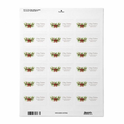 Elegante Holly & Red Bow Kerstmis - Etiket (Full Sheet)