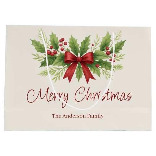 Elegante Holly & Red Bow Kerstmis - Groot Cadeauzakje (Achterkant)
