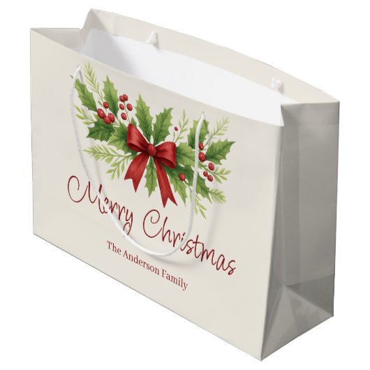 Elegante Holly & Red Bow Kerstmis - Groot Cadeauzakje (Achterkant Gekanteld)