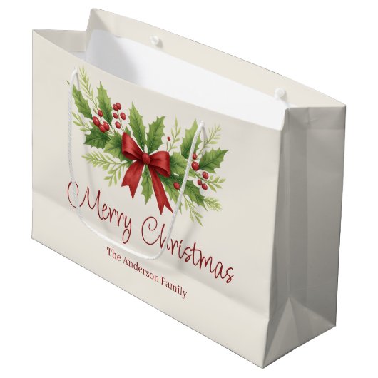 Elegante Holly & Red Bow Kerstmis - Groot Cadeauzakje (Voorkant Gekanteld)