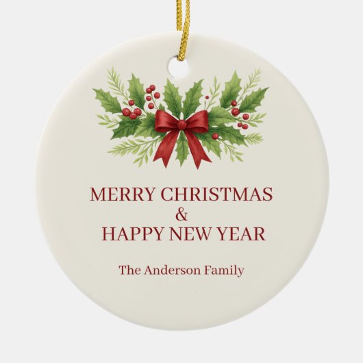 Elegante Holly & Red Bow Kerstmis - Keramisch Ornament (Voorkant)