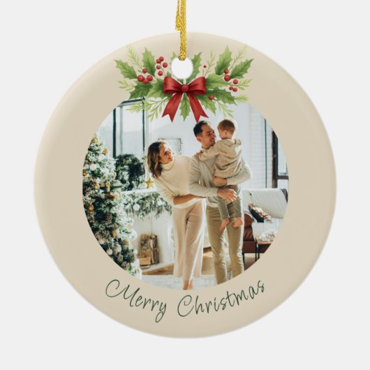 Elegante Holly & Red Bow Kerstmis - Keramisch Ornament (Achterkant)