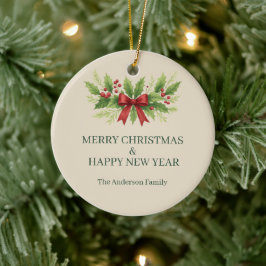 Elegante Holly & Red Bow Kerstmis - Keramisch Ornament