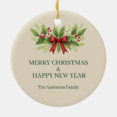 Elegante Holly & Red Bow Kerstmis - Keramisch Ornament (Achterkant)