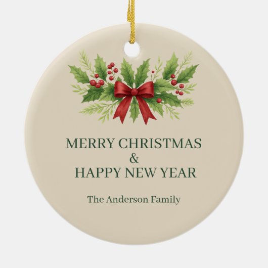 Elegante Holly & Red Bow Kerstmis - Keramisch Ornament (Achterkant)