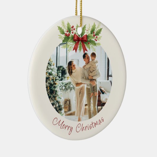 Elegante Holly & Red Bow Kerstmis - Keramisch Ornament (Rechts)