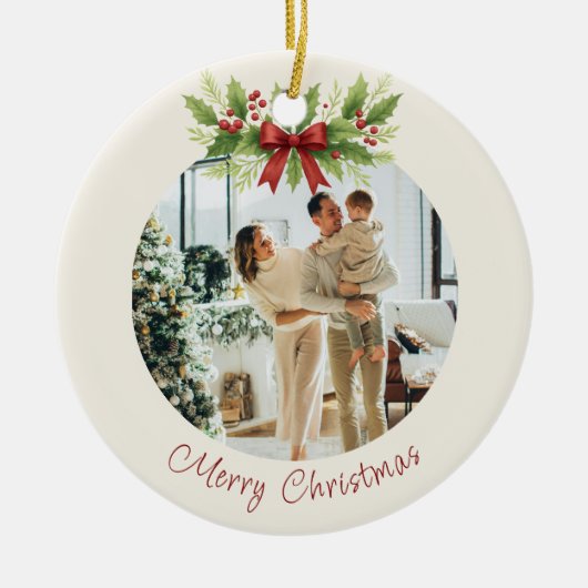 Elegante Holly & Red Bow Kerstmis - Keramisch Ornament (Voorkant)