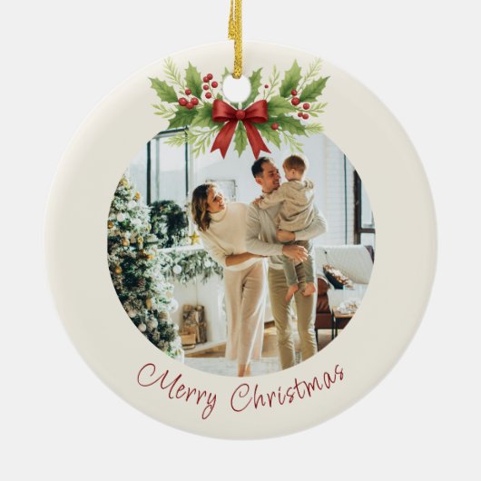 Elegante Holly & Red Bow Kerstmis - Keramisch Ornament (Achterkant)