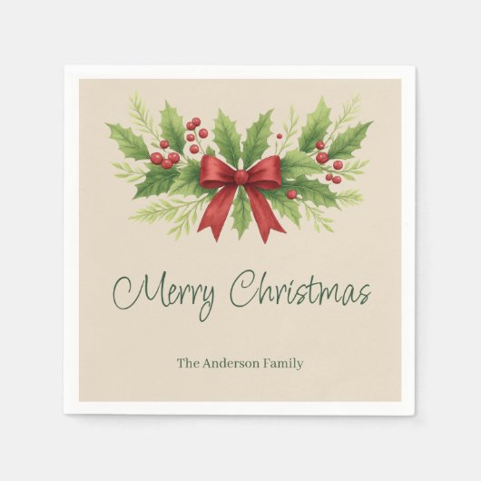 Elegante Holly & Red Bow Kerstmis - Servet (Voorkant)