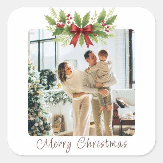 Elegante Holly & Red Bow Kerstmis - Vierkante Sticker (Voorkant)